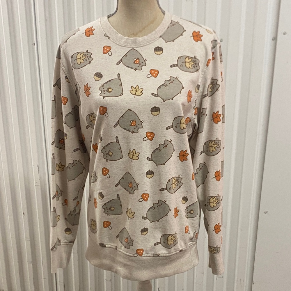 Pusheen Cream Crewneck Sweater with Autumn Pusheen Print